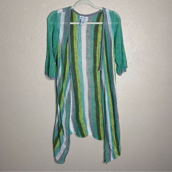 Soft surroundings open front striped crop sleeve linen duster cardigan green - Picture 1 of 6